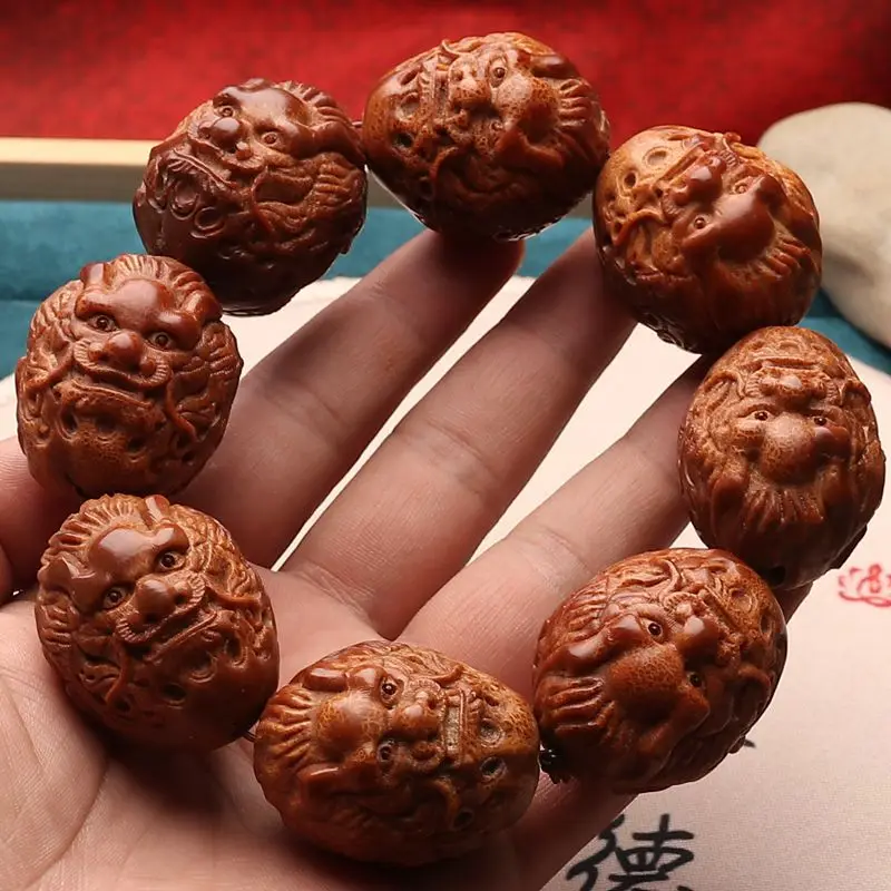 Large-seed Brazilian olive wood carved bracelet the motif "Nine Dragons Playing with Pearls," handmade collectible item, la