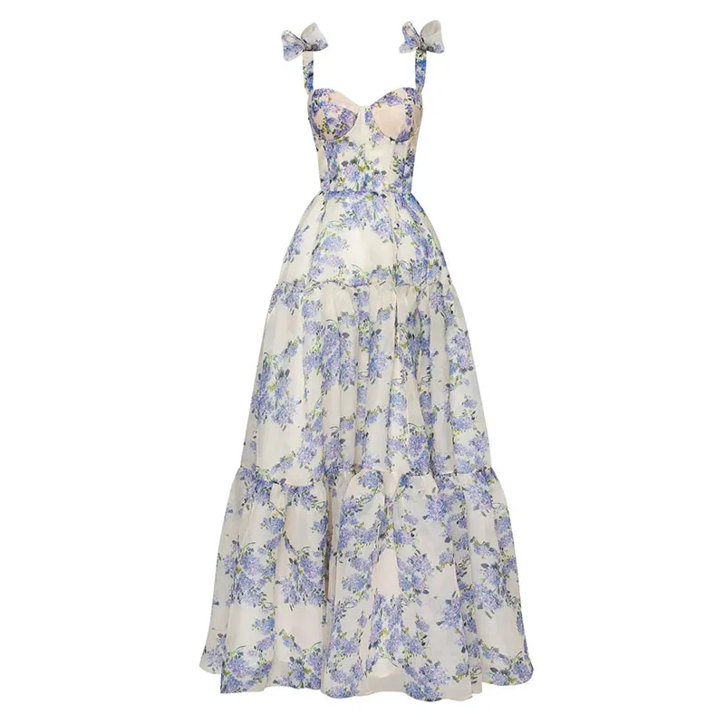 2024 Light Blue Flower Pattern Prom Dress  فستان سهرة Spaghetti Strap Formal Occasion Dresses Crimping Party Dress