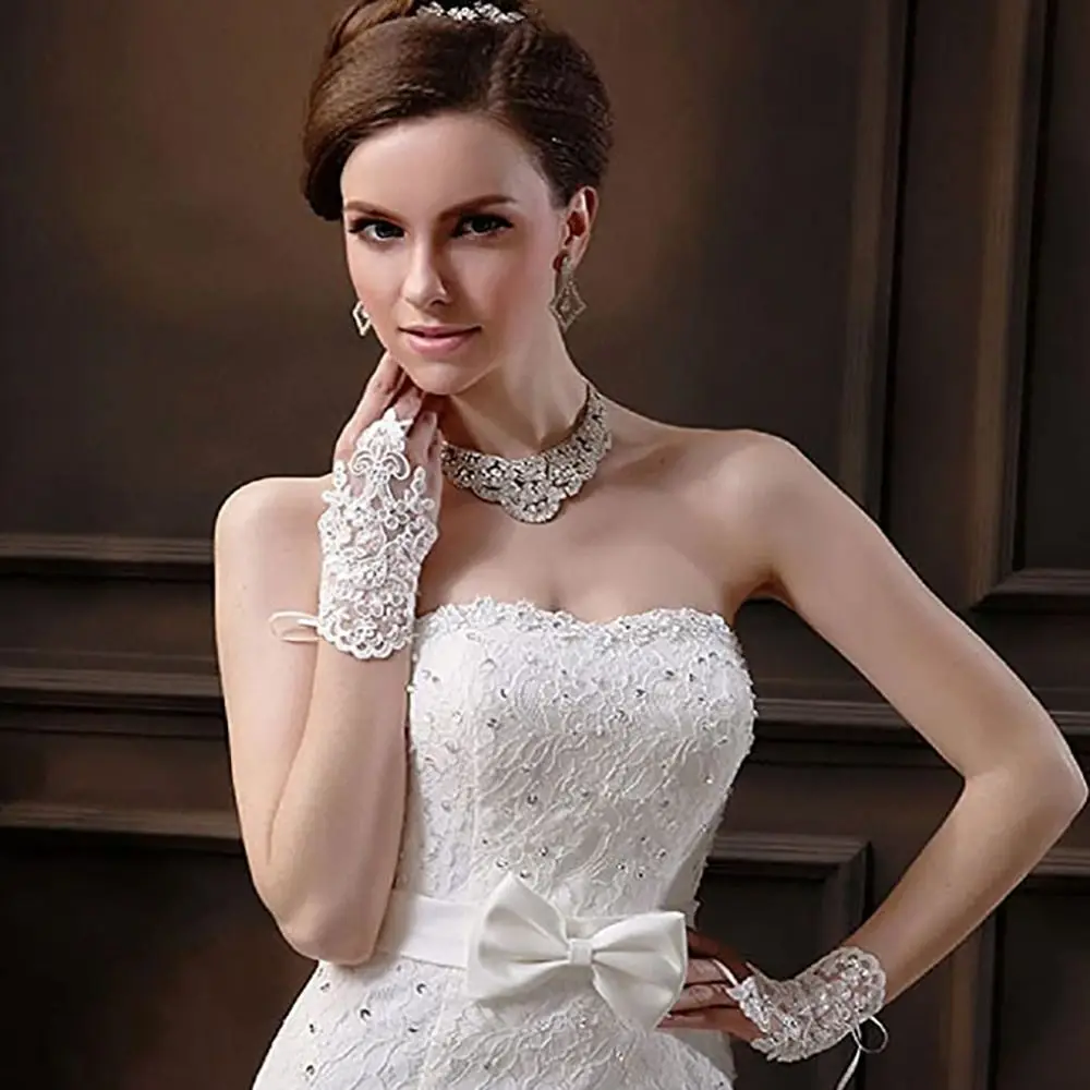 فتاة الجمال الأحمر الأبيض أصابع قفازات الزفاف الزفاف الدانتيل مطرز لإكسسوارات الزفاف الزفاف