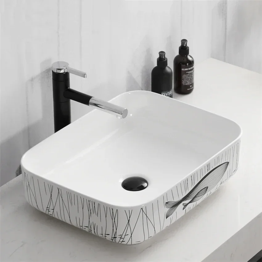 Nordic Style Ceramic Wash Basin Square Tabletop Basin Minimalist Modern Art Basin Household Bathroom Light Luxury Creative Basin