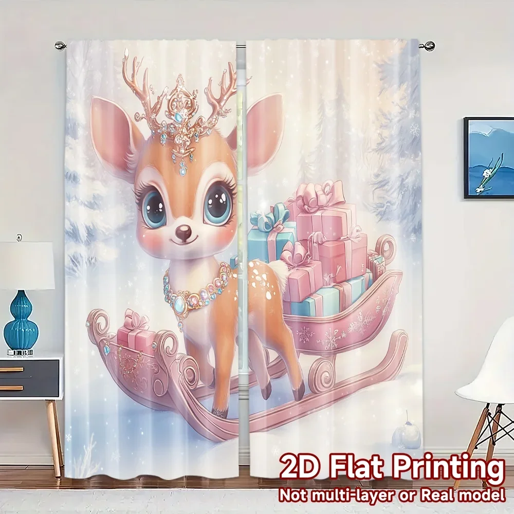 2pcs,Curtains Cute Pink Deer Sleigh Gifts (2) Chic Curtain Fabric 100% Polyester Curtains Room Decor Suitable for Bedroom Office