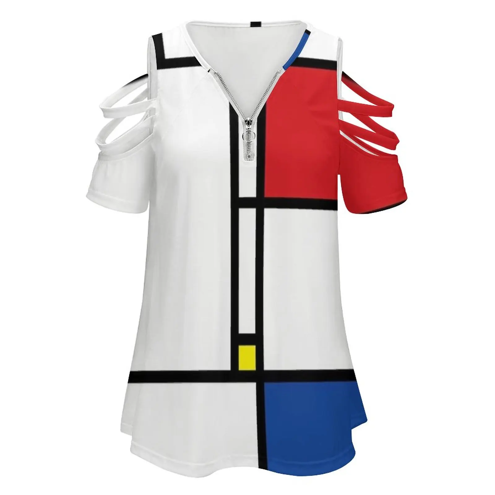 Mondrian Minimalist De Stijl Modern Art I.I © Fatfatin New Fashion Zip Off Shoulder Top Short-Sleeve Women Shirt Fatfatin