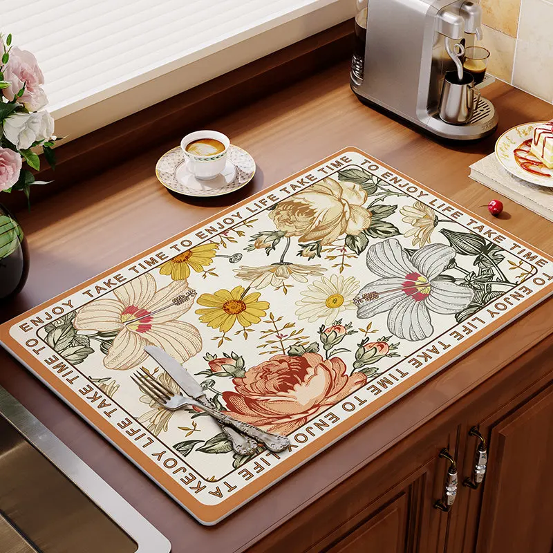 Retro Floral Kitchen Counter Drying Mat Water Absorption Non-Slip Heat Resistant Drainage Pad Kitchen Tabletop Protector
