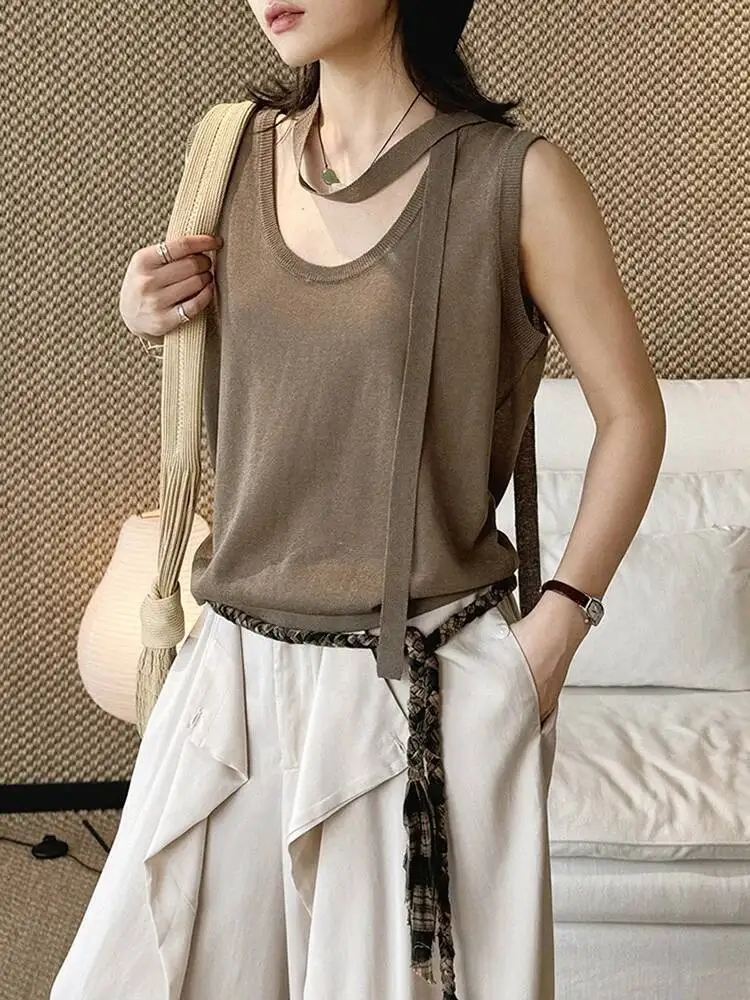 Women Green Thin Knitting Ribbon Tank Tops New Round Neck Sleeveless Personality Fashion Tide Spring Summer