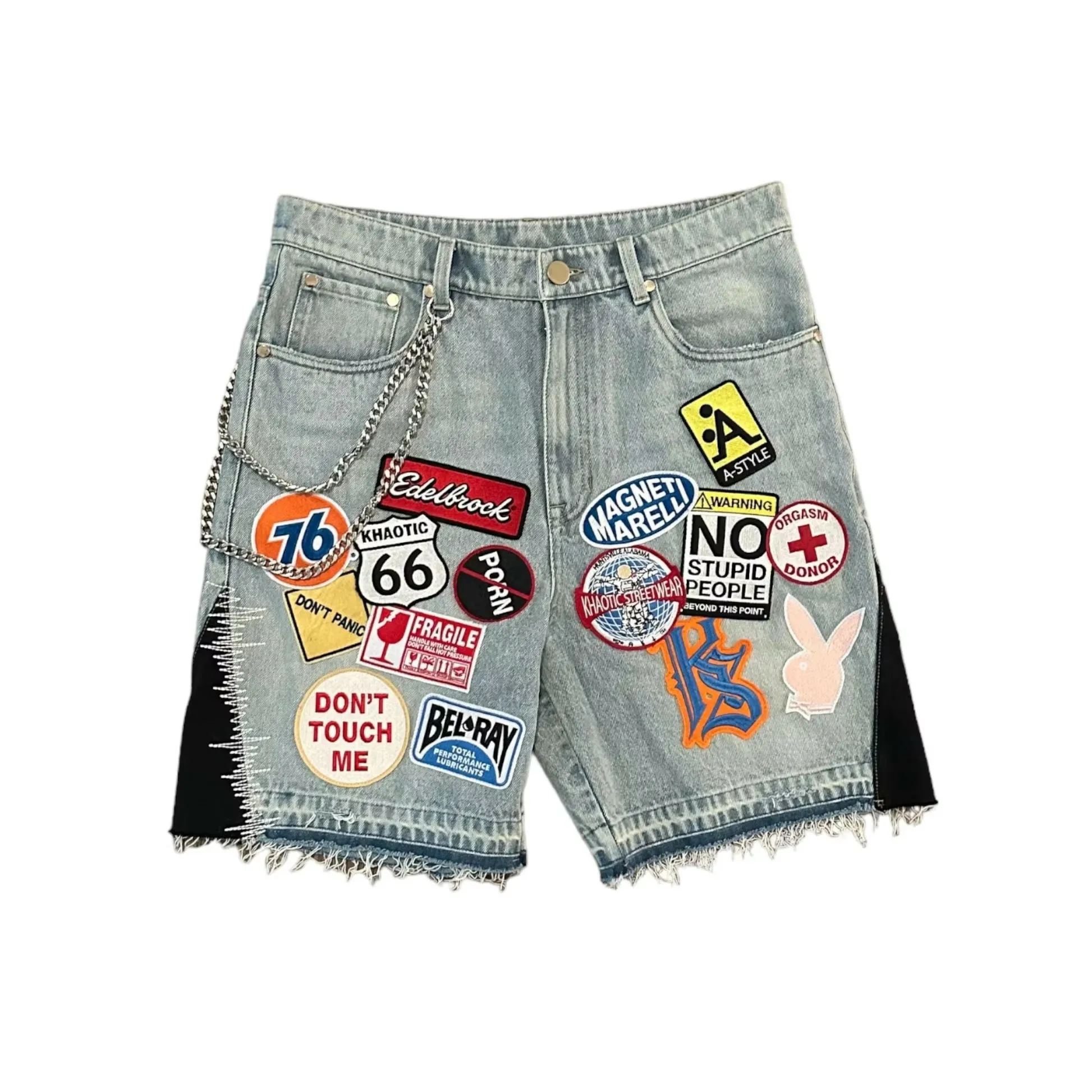 Streetwear Light Blue Denim Shorts Men Women Harajuku Cartoon Graphic Patch Loose Pants Gothic Pockets Embroidered Sports Shorts