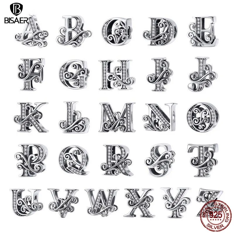 BISAER 925 Sterling Silver Vintage Letter Charm Beads 26 Letters A To Z Fit DIY Bracelets & Necklaces Fine Jewelry Birthday Gift