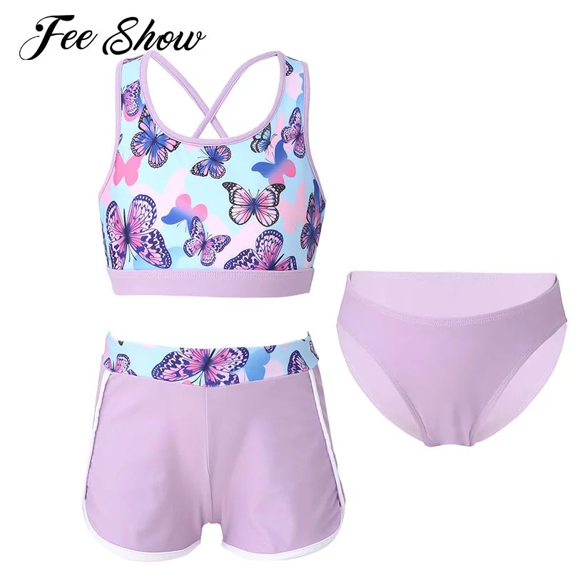 

Summer Kids Girls Swimsuit Rashguard Sleeveless Print Tops and Briefs+Shorts Set Swimwear Quickly Dry Beach Pool Bathing Suit