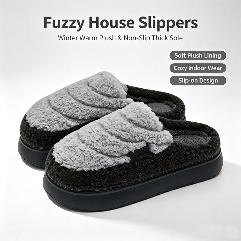 Winter Two‑Tone Fluffy Slippers Unisex Warm Fleece Lined Non‑Slip Thick Platform Indoor Home Shoes