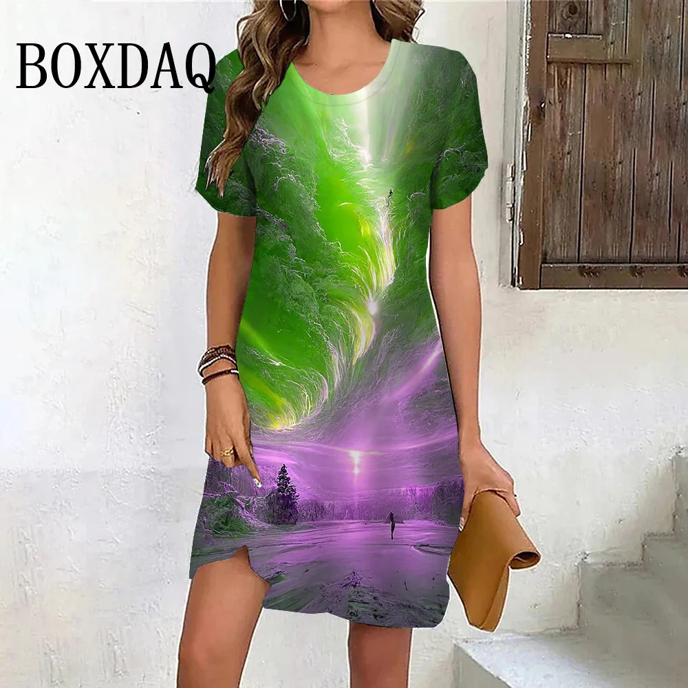 Loose Leisure Dress Fashion Women Basic Dress Summer Short Sleeve Round Neck Dress Ladies Dream Natural Scenery 3D Printed Dress