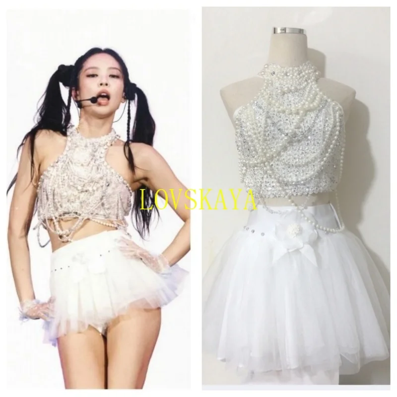 Girl group Jenny Jazz Dance White Pearl Halter Vest Open Navel Top Stage Costume Sexy minigonna Music Festival Costume