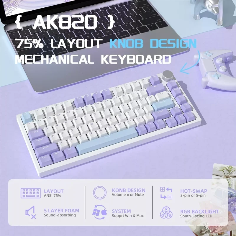 

AK820 75% TKL Wired Mechanical Keyboard,Hot-Swappable Linear Switch,Gasket Mount Gaming keyboard,RGB Backlight,82 Keys with CNC