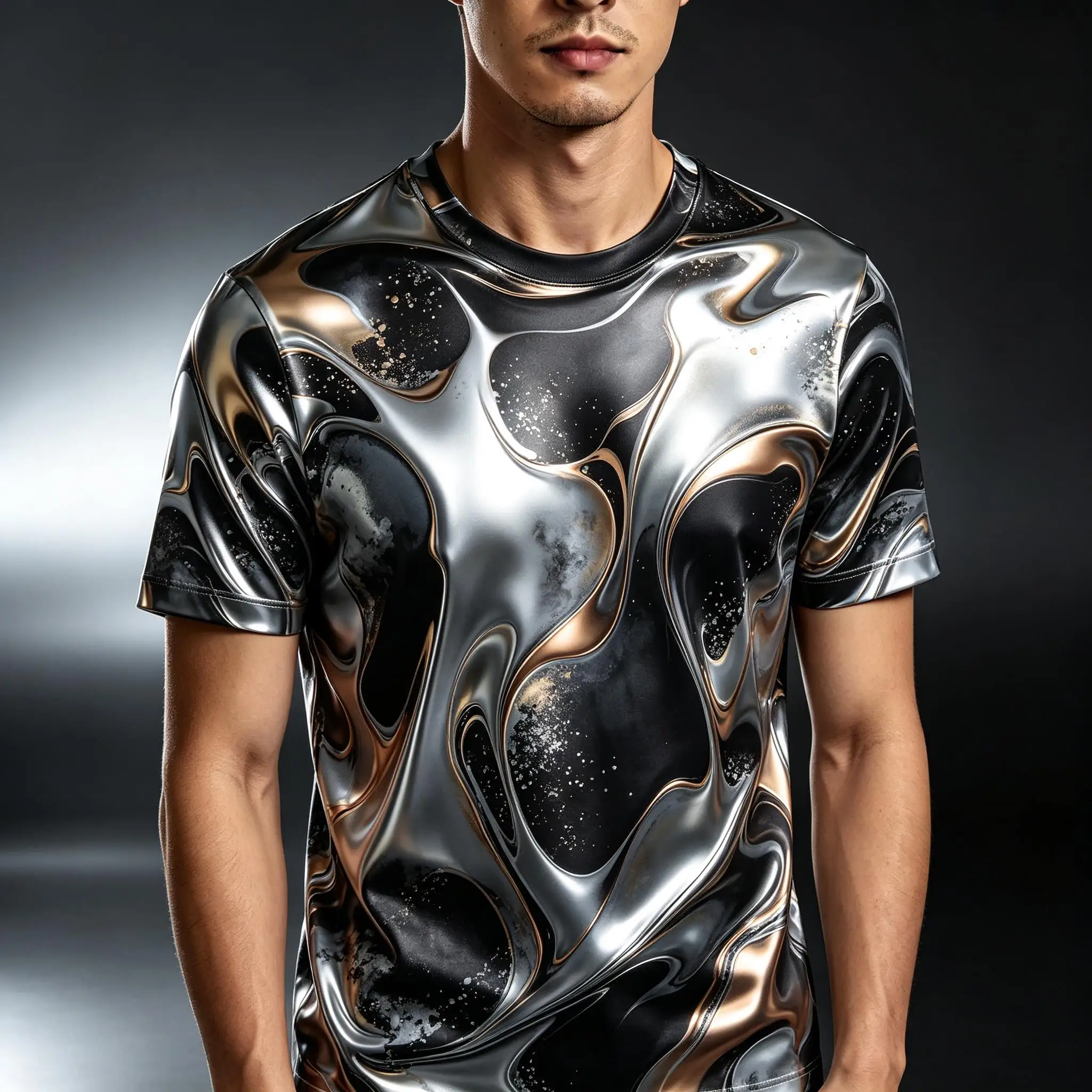 Abstract Liquid Metal Pattern Men T-Shirt, Marble Swirl Full Print Casual Crew Neck Short Sleeve Tees