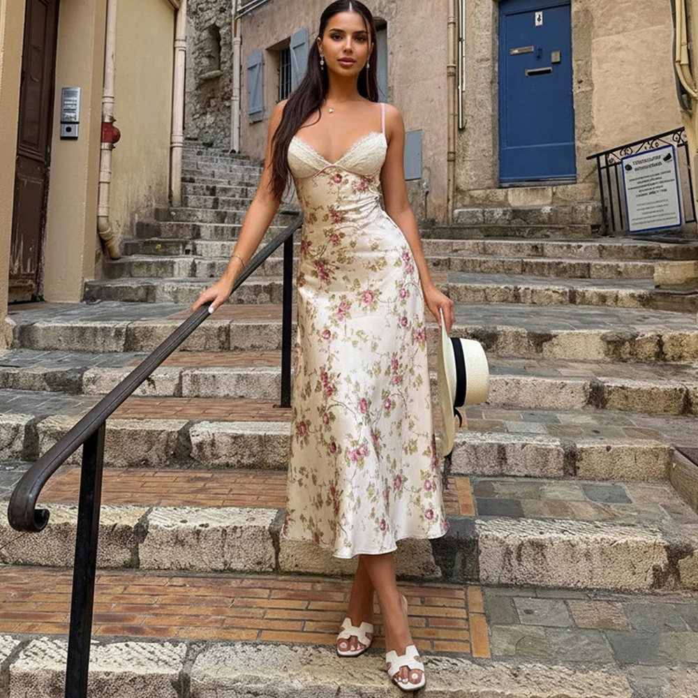 

Ticketsx Lace Print Sling Dress Sexy Satin Patchwork Backless Slim Long Dress Elegant New Women Party Streetwear Vacation Dress