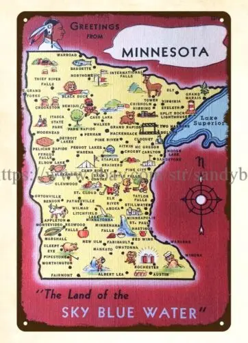 metal Greetings From Minnesota Land Of Sky Blue Water state map metal tin sign