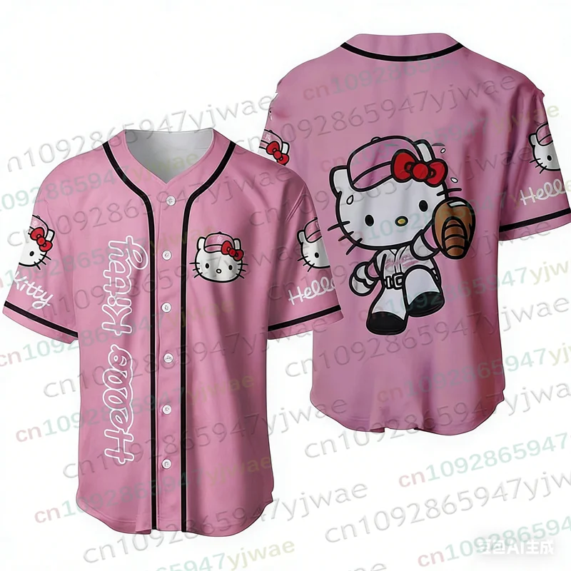 

Бейсбольная футболка с рисунком Hello Kitty для женщин и мужчин, свободная повседневная дышащая уличная одежда на пуговицах, бейсбольные футболки для родителей и детей, косплей-костюмы