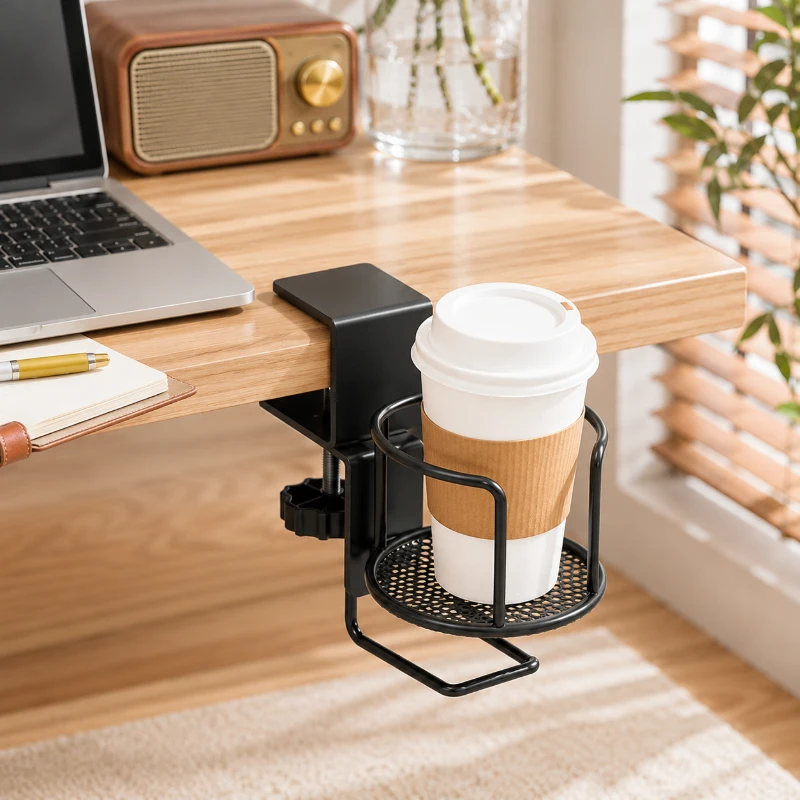 

Black 360° Swivel Desk Cup Holder, No Drill Adjustable Clamp Stand, Anti-Fall Table Edge Cup Tray Gift