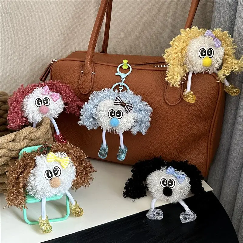 Cute Fluffy Curly Hair Plush Doll Keychain With Lovely Bow Design For Backpack Pendant Gifts For Teen Girls