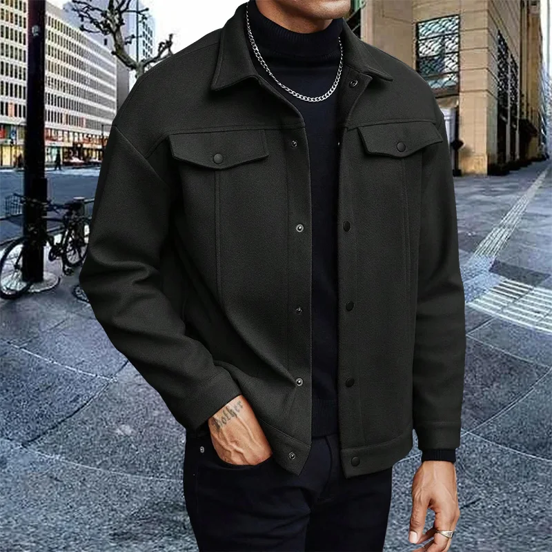 Men Loose Short Shacket Soft Brushed Fabric Autumn Winter Business Daily Casual Fake Decor Chest Flap Lapel Fashion Outer Jacket