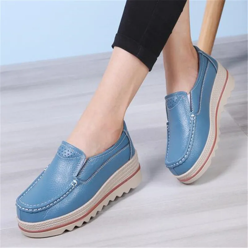 Sepatu Datar Wanita Musim Gugur Sepatu Mokasin Sneakers Platform Wanita Creepers Wanita Tanpa Renda Sepatu Kulit Asli Wanita