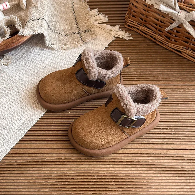Unisex Toddler Sherpa‑Lined Winter Ankle Boots, Suede‑Look Upper With Metal Buckle Thick Soft‑Soled Kids Warm Shoes