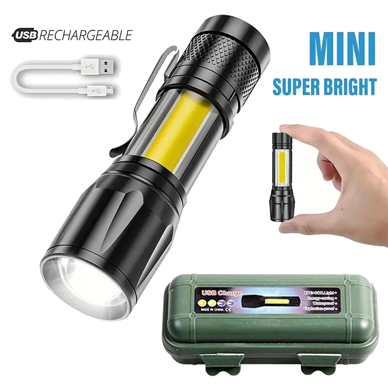 Powerful Mini LED Flashlight COB+XPE Zoom Torch Built In Battery USB Rechargeable Light Outdoor Portable Camping Emergency Lamp