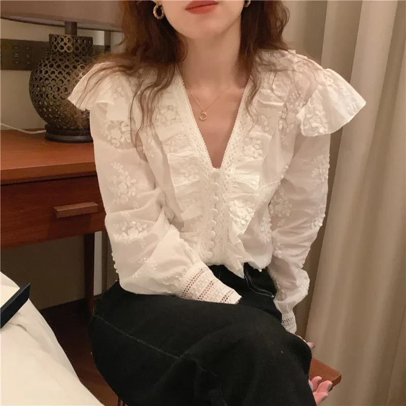 OCEANLOVE Embroidered Women Blouses Ruffles V Neck Elegant Korean Fashion Chic Shirts Spring Autumn Elegant Blusas Mujer