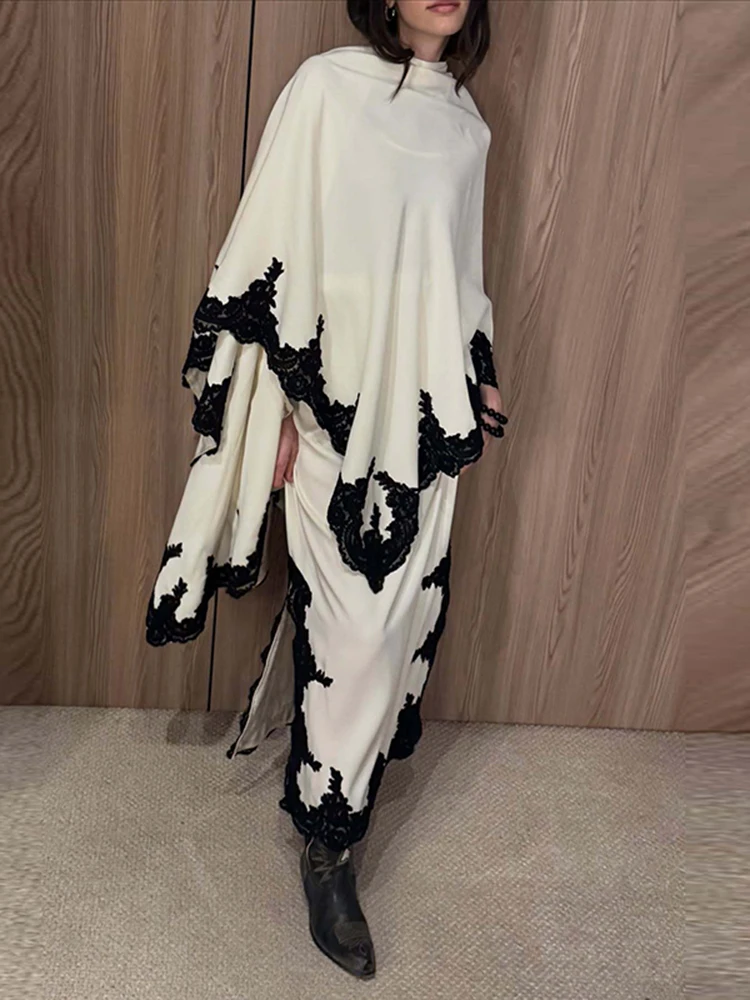

Fashion O-neck Shawl Sleeve Top & Long Skirt Outfits Women Casual Solid Loose 2Pc Suits Elegant Lace Embroidery Irregularly Set
