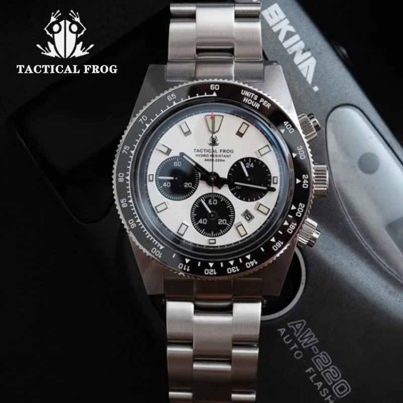 

Tactical Frog 41mm Men's Chronograph Watches VS75 Solar Quartz Movement Waterproof Sapphire Green C3 Luminous Quartz Wristwatch