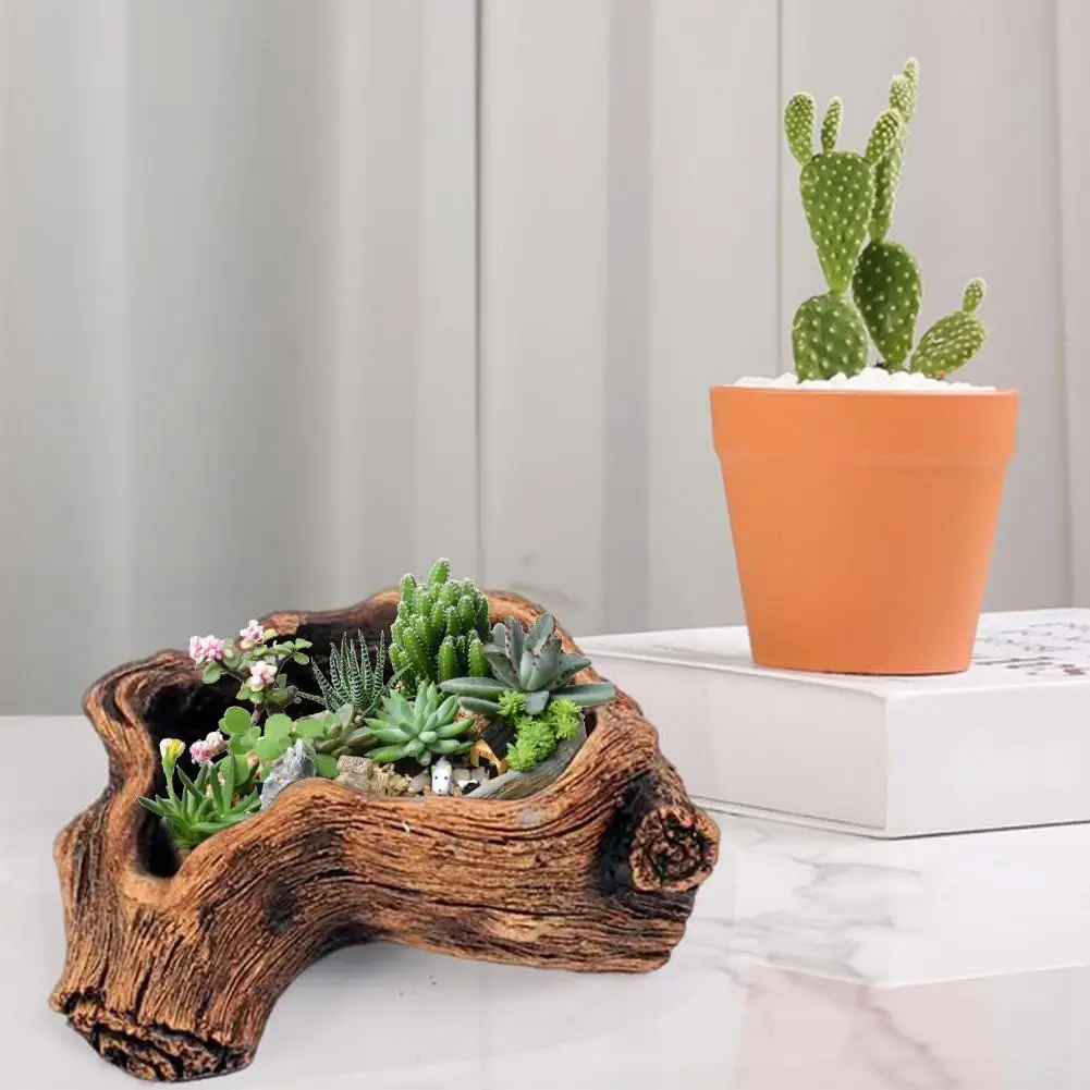Tree Stump Design Planter Rustic Cement Tree Stump Flowerpot for Succulents Cactus Small Decorative Planter for Windowsill Shelf