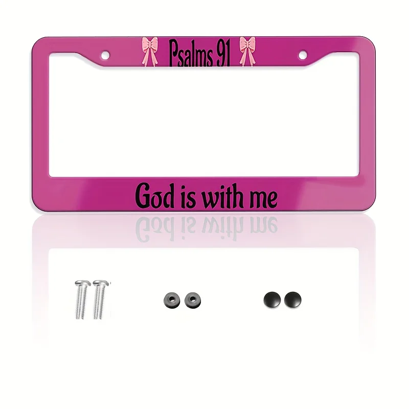2Pcs Pink God is with me Psalms License Plate Frames Cute Bow Print Religious Christian Car Tag Holders for Women