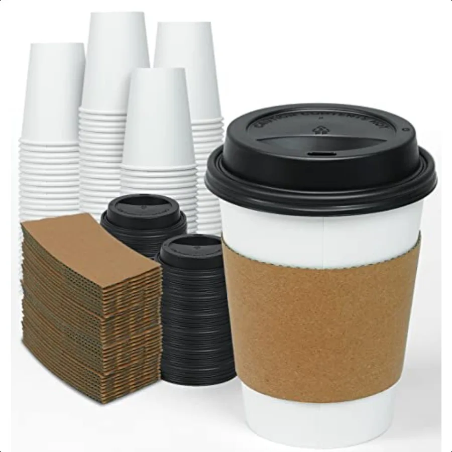 

100 Pack 12 oz Thickened Paper Coffee Cups with Lids and Sleeves To Go Hot Coffee Cups Hot Chocolate Cocoa and Coffee Bar plie