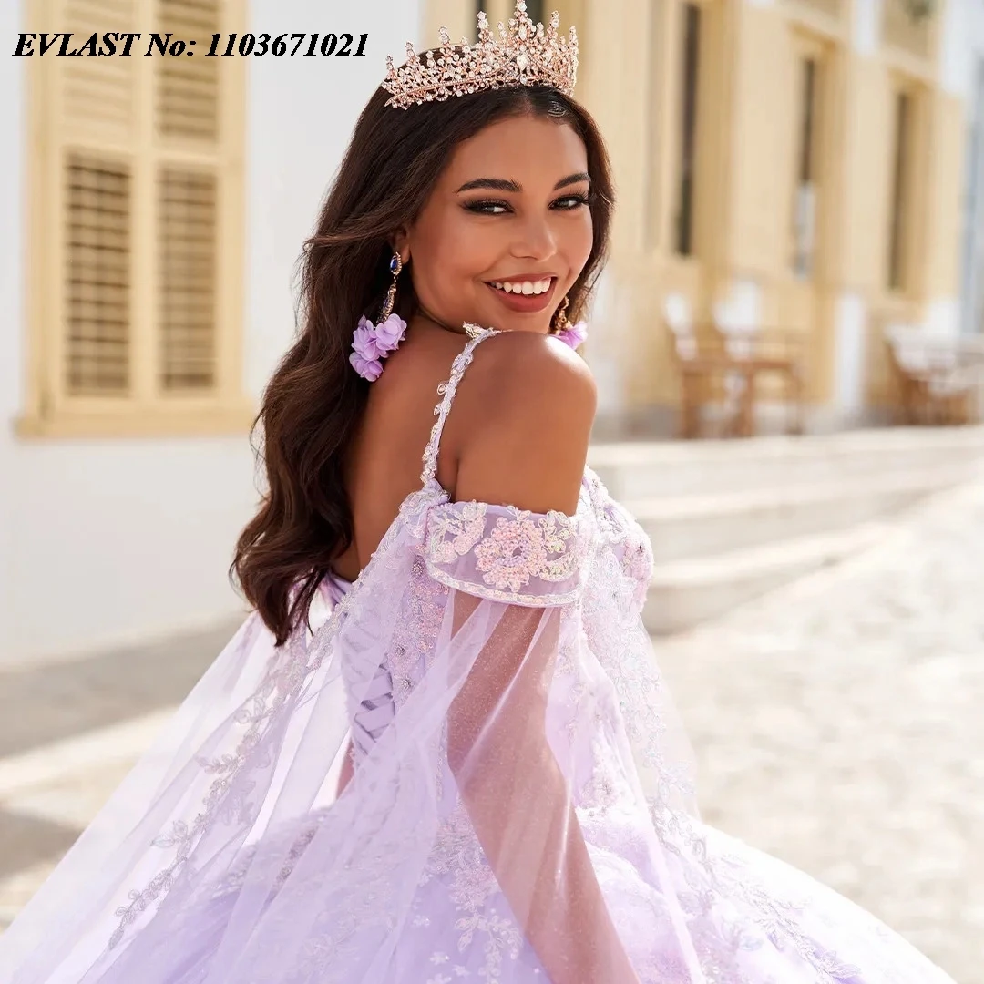 EVLAST Meksiko Lavender Quinceanera Gaun gaun bola renda Applique manik-manik kristal dengan jubah manis 16 Vestido De 15 Anos SQ258