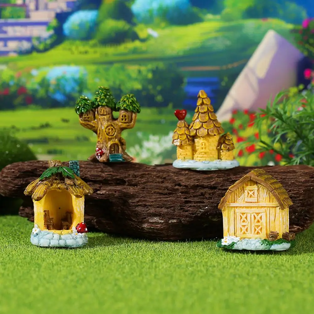 Moss Terrarium Decor Micro Landscape Resin Fairy Garden Ornaments Small Wooden Tree Houses for Plants Miniature Forest Cottage