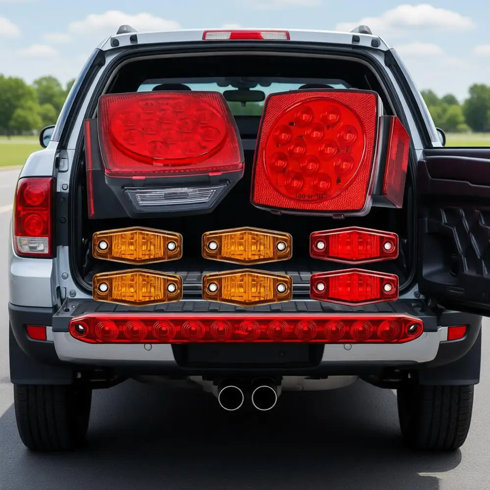 

Trailer Light Kit Square Stop Turn Tail Red Amber Side Marker Lights Third Brake Bar 12V Utility Boat Camper RV