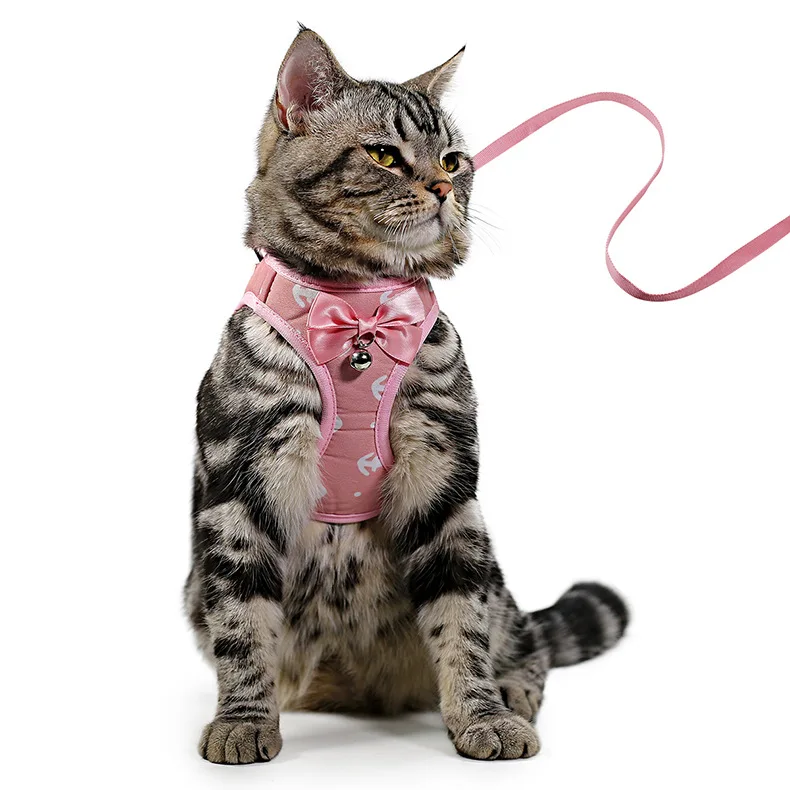 Dog Cat Harness and Leash Set for Extra-Small Small Medium Dogs, Anchors Pattern Mesh Padded Pet Cat Vest Harness with Bells Bow