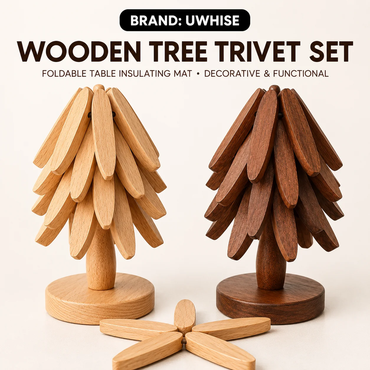 Uwhise Creative Wooden Tree Trivet Set Foldable Heat Resistant Table Mat for Hot Pans Dishes and Cups 3/5 Piece