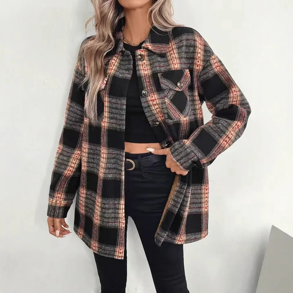 Vintage Plaid Fleece Lined Shacket Button Down Lapel Collar Long Sleeve Pockets Loose Fit Warm Casual Winter Outerwear Lady Coat