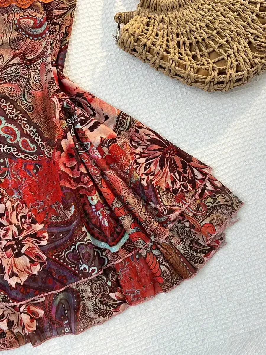 

Womens Bohemian Paisley Print Double-Layer Irregular Hem Ruffle Spaghetti Strap Short Dress