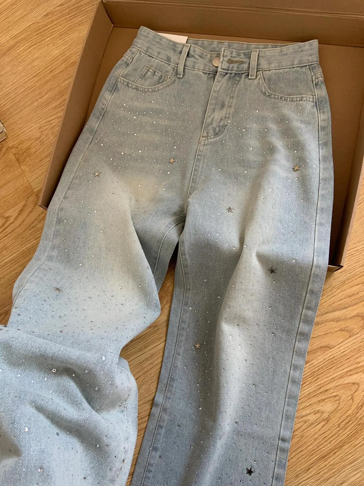 Hoge taille jeans dames wijde pijpen broek diamanten gesplitste denim broek volledige lengte broek losse vintage zakken gewassen winter 2025,