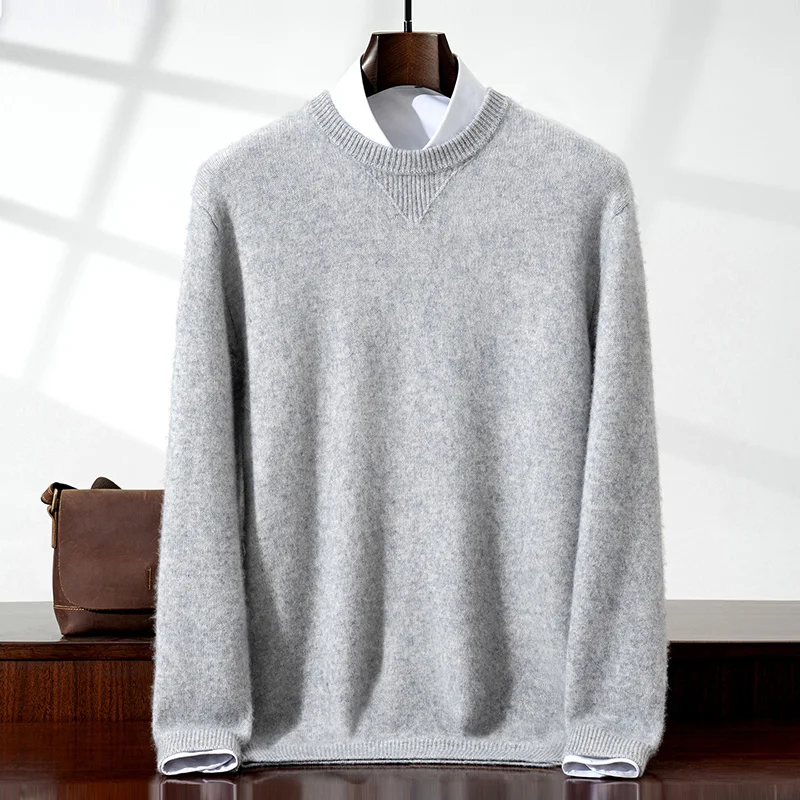 

Свитер из 100% чистого кашемира, мужской свитер с семью иглами, круглым вырезом, V-образной формы, двухслойный однотонный вязаный базовый свободный повседневный топ