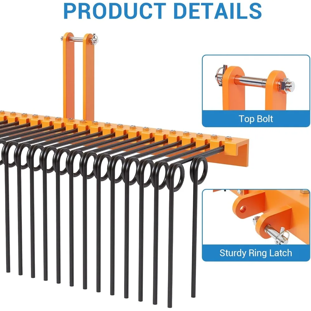 مشط عشب الصنوبر الصلب المطلي بمسحوق متين، مشط منظر طبيعي زنبركي فولاذي يعلق على Cat 0 Cat 1، وصلة 3 نقاط للجرار