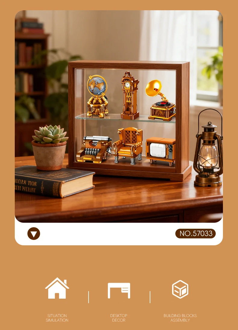 Retro-Deko-Bausteine: Fernseher, Schreibmaschine, Sofa, Globus, Grammophon, Pendeluhr – Modellbausteine für Kinder als Geschenke – Detail 2