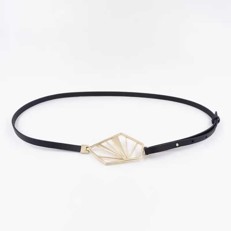 Genuine Leather Thin Belt with Geometric Shaped Light Gold Buckle, Slim Leather Waistband Dress Decration Narrow Belt  J070