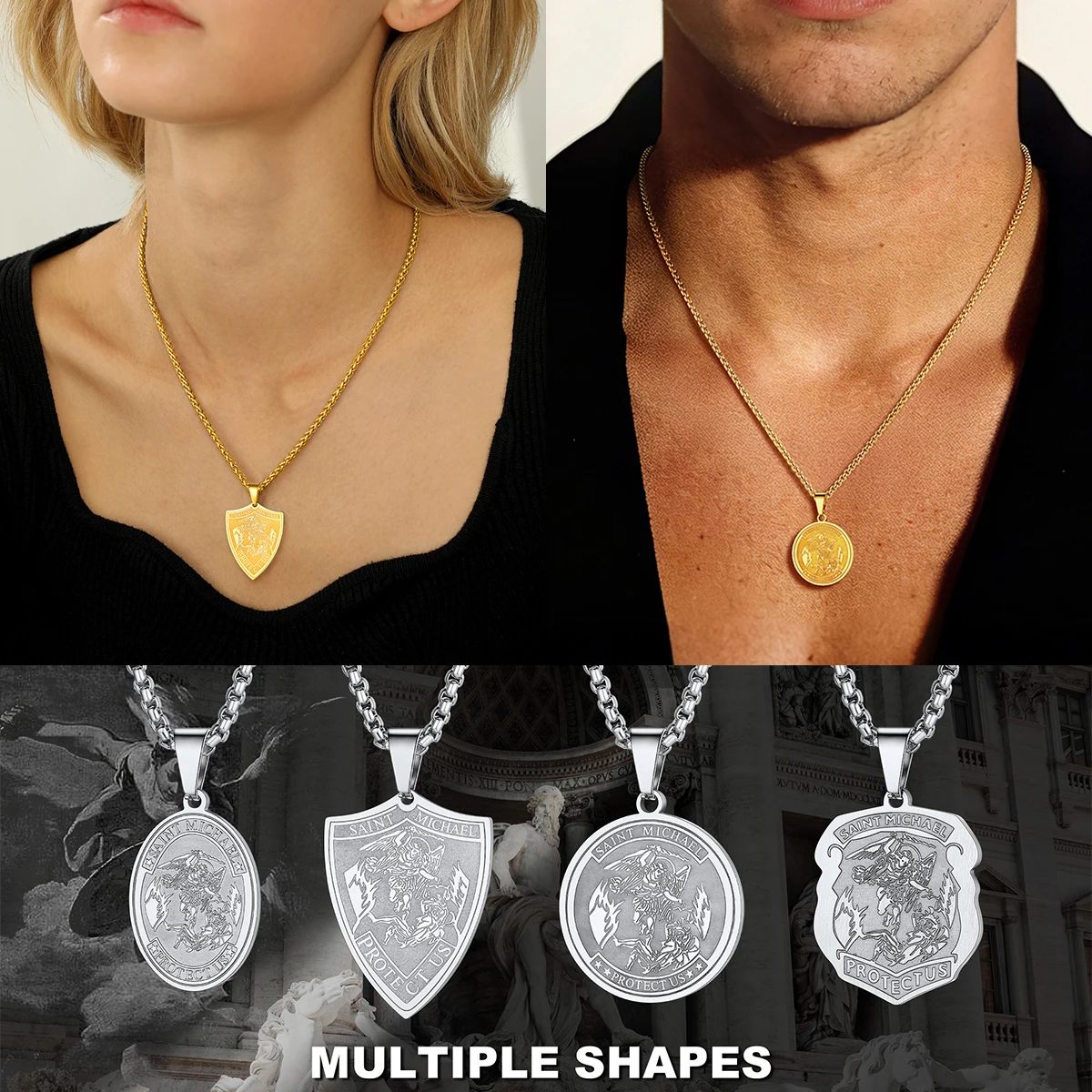 U7 Stainless Steel Oval Round Shield Pendant St. Michael Necklace Saint Biblical Archangel Bible Verse Protection Amulet Jewelry