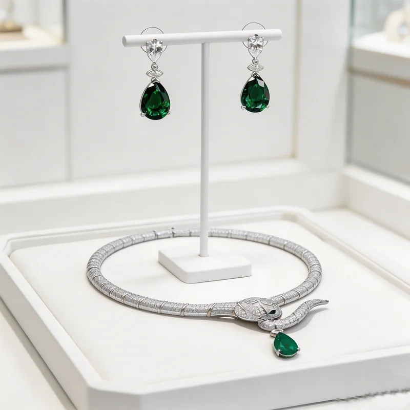 Vintage Fashion Style Earrings Necklace Inlay Cubic Zircon Synthetic Drop Shape Emerald Snake Snakelike Choker Jewelry Sets