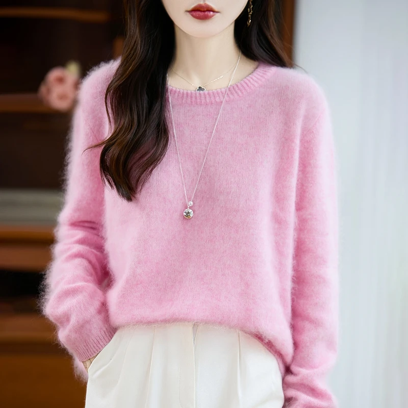 

95% Wool 5% Cashmere Women's Clothing Autumn Winter Thickened Round Neck Knitted Sweater Casual Loose Tops Fashion Korean Jumper
