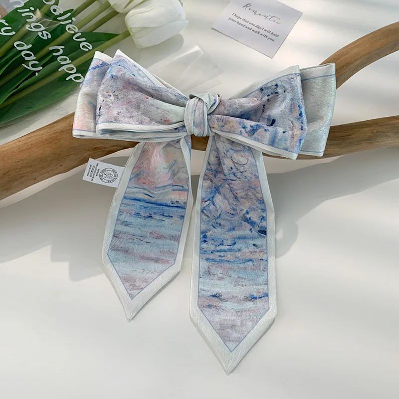 Narrow Oil Painting Ribbon Scarf Versatile Bag Tie Hair Band Belt for Women Spring Summer Artistic Style