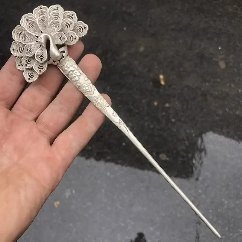 Chinese Old Tibet Silver Gemstone Inlay Carving Peacock Hairpin