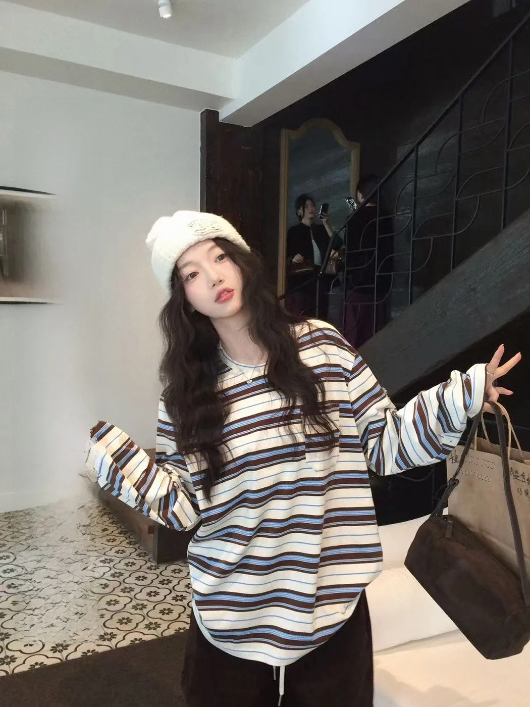 

Ibell Zhang Long Sve Striped Cotton TEE Vintage oulder Drop round Ne ket Ele Sle Women's Loose Fit Summer Tee