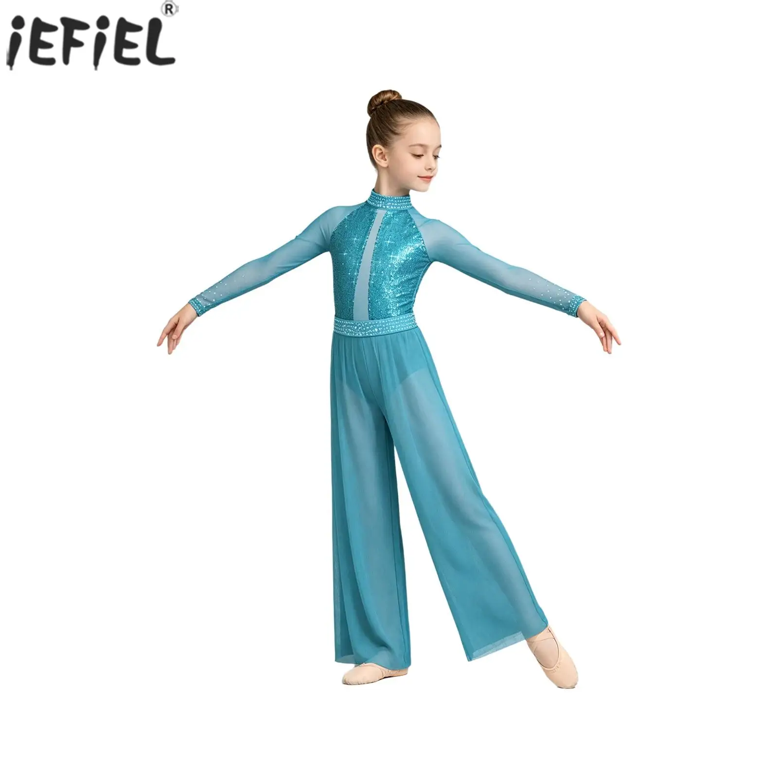 Kid Girls Lyrical Dance Outfit Long Sleeve Shiny Sequin Leotard with Wide Leg Mesh Pants for Ballet Skating Contemporary Dancing